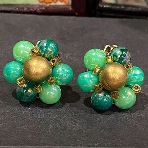 Japan Elegant Green and Gold Tone  Cluster Clip Earrings. Gold tone clip backs.